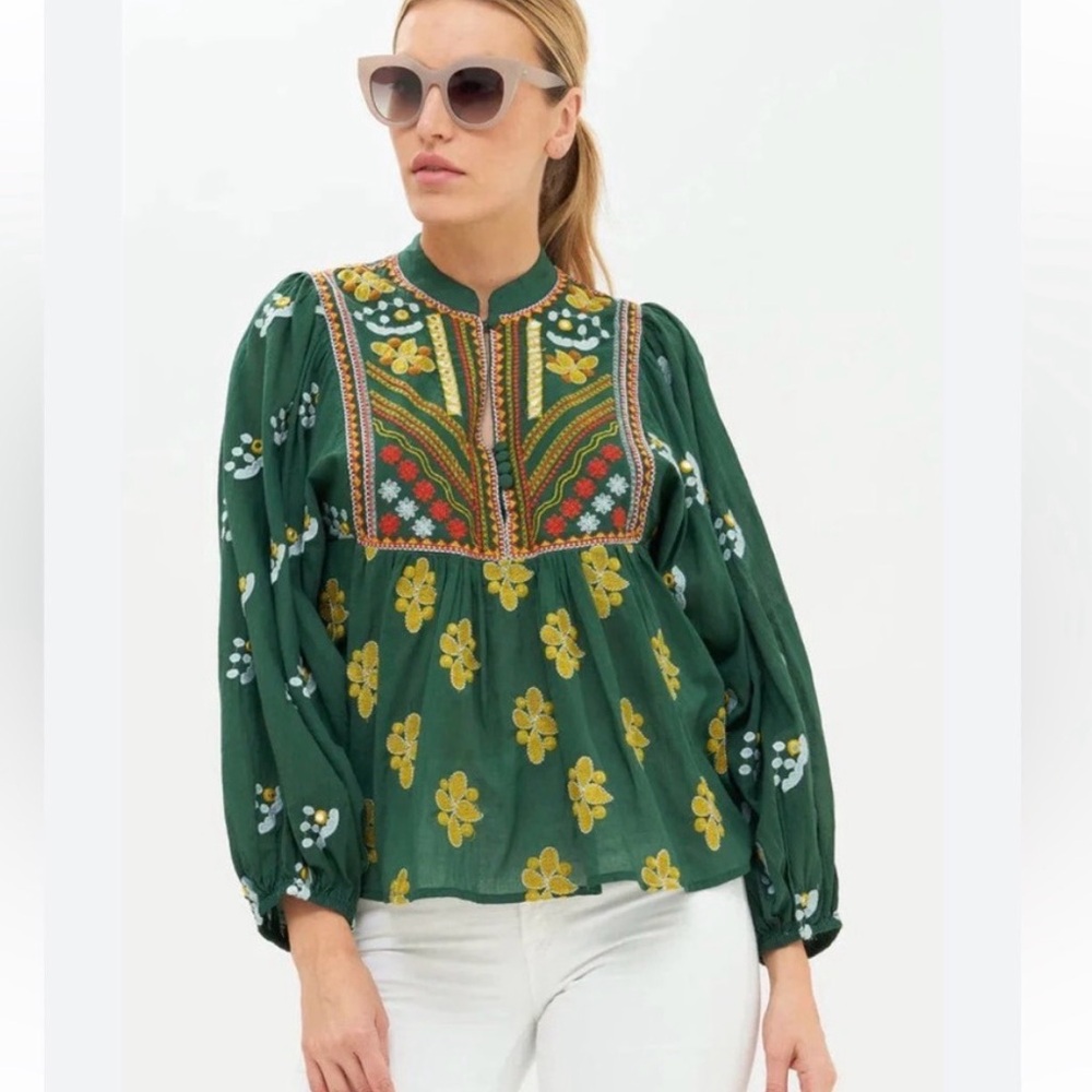 Oliphant Green Lucknow Mandarin cotton blouse, size M